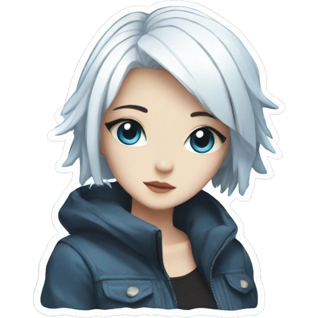 anime girl with short white hair, blue eyes, cyberpunk, kawaii sticker emoji