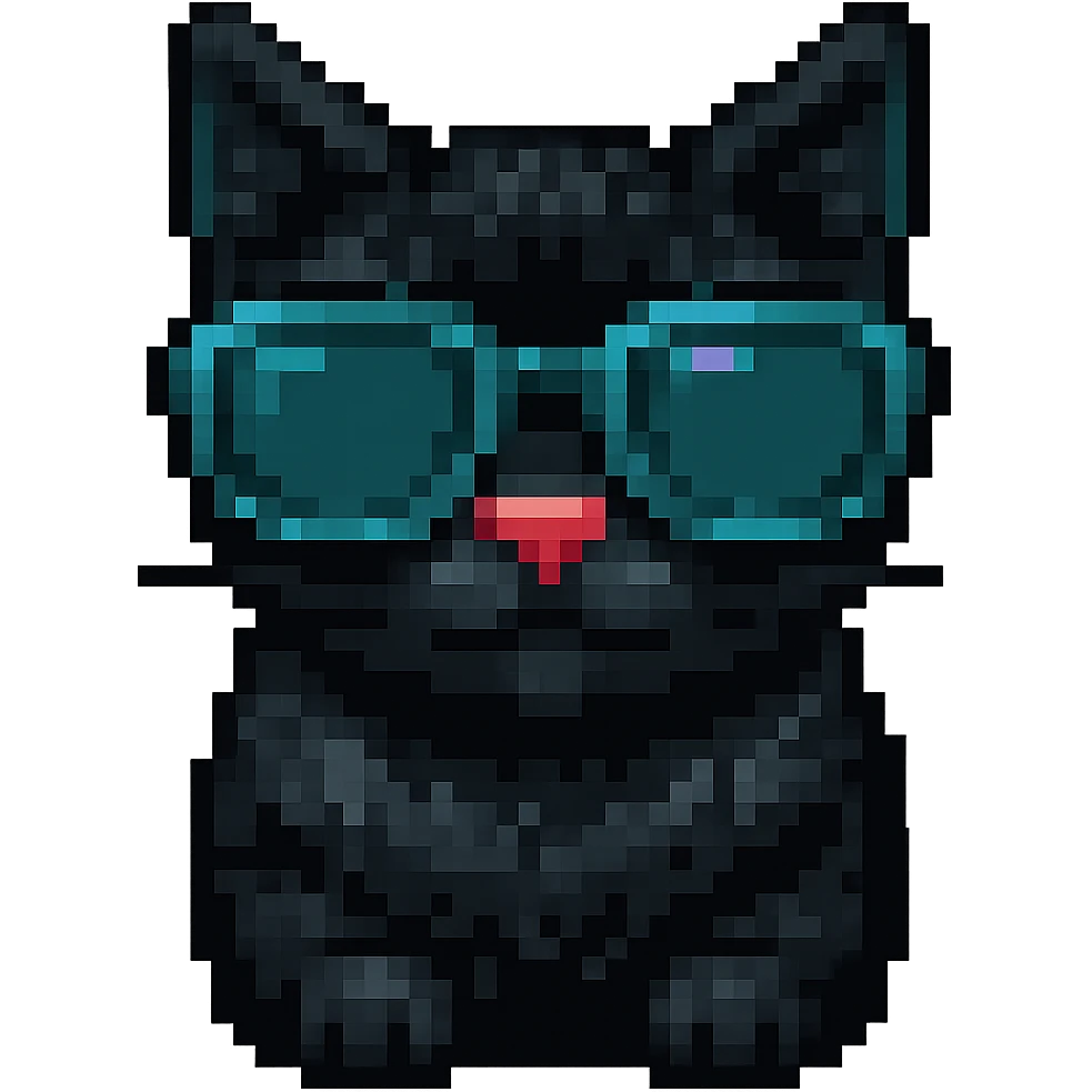Make the cat black while keeping the sunglasses, in pixel art style, with no background. emoji