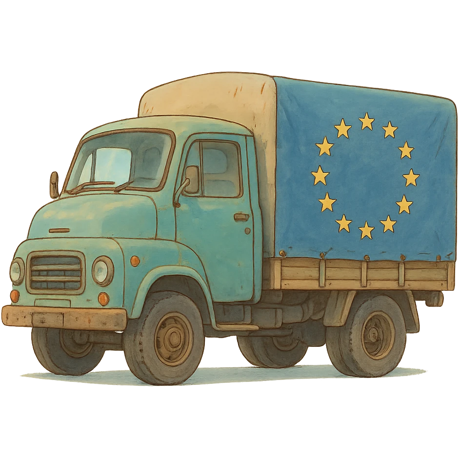 ghibli style cargo truck with European flag, soft colors emoji