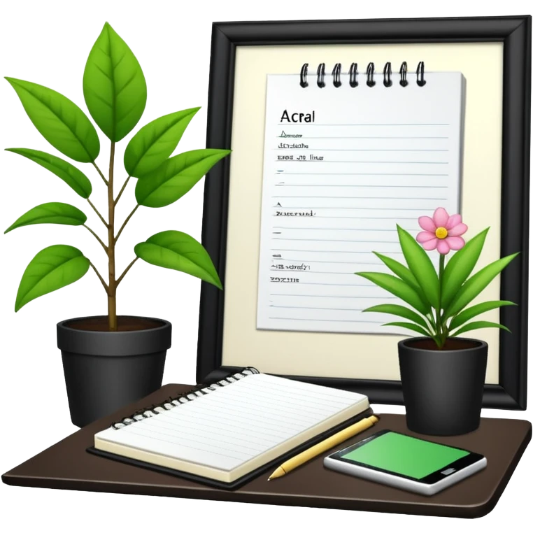 F U E R A    DE    O F I C I N A y detrás un escritorio moderno, con una notebook, una agenda y una planta con una flor emoji