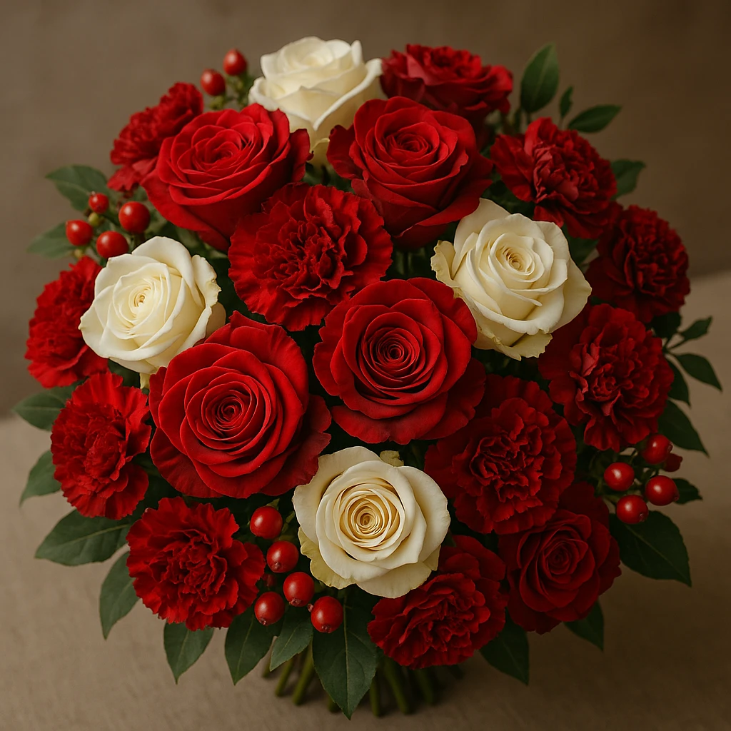 a red bouquet with red and white roses, elegant and lush, detailed floral arrangement emoji