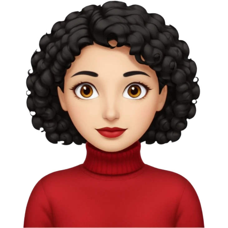 30 yr iranian woman black hair curly wavy short hair, red turtle neck sweater, very thick eyebrows, light skin, dark brown eyes, small smile emoji
