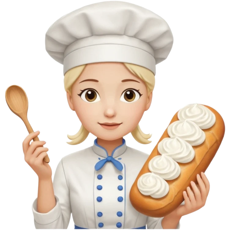Young female baker - white chef hat, holding cream piping bag to milk oil on bread emoji