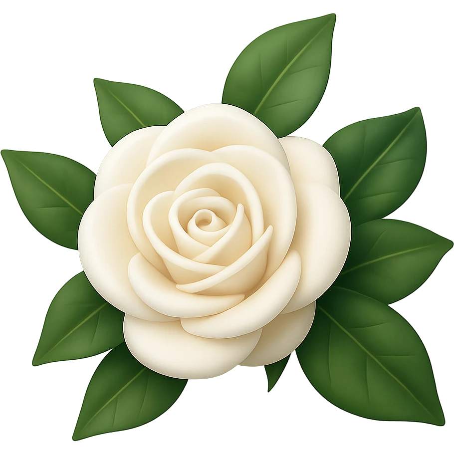Create a 3D illustration of a white rose with leaves in the style of iOS Apple emoji, featuring volumetric petals and realistic leaves, on a transparent square background. The style should reflect the detailed and polished look of Apple emojis with a 3D effect. emoji