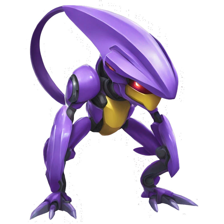 a shiny Genesect-Raptor-Fakémon—hybrid with a futuristic visor-helmet full body emoji