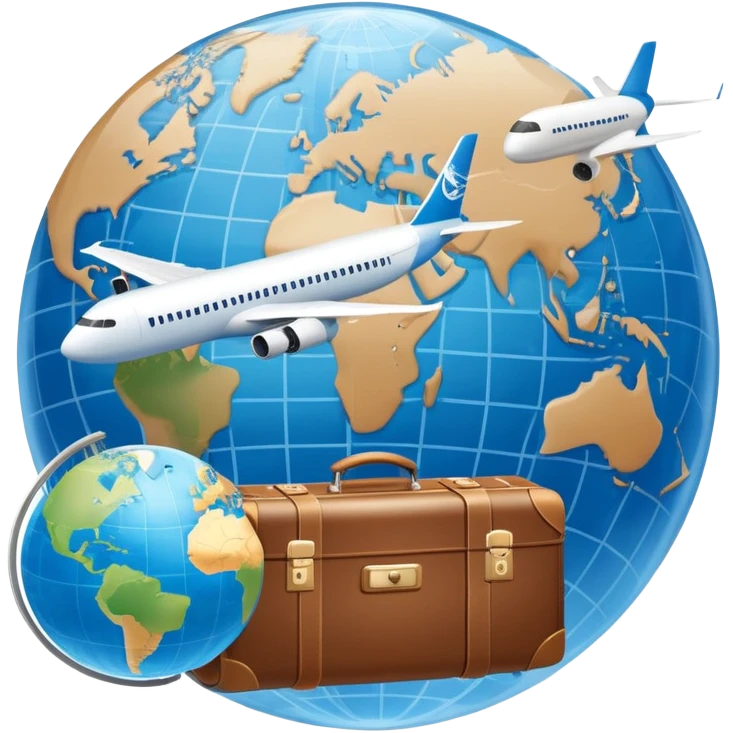 An icon featuring a suitcase, a hotel building, and a globe, symbolizing tourism and hospitality. The design includes a plane and a map, representing travel and accommodation services. Transparent background highlights the global nature of tourism and the hospitality industry. emoji