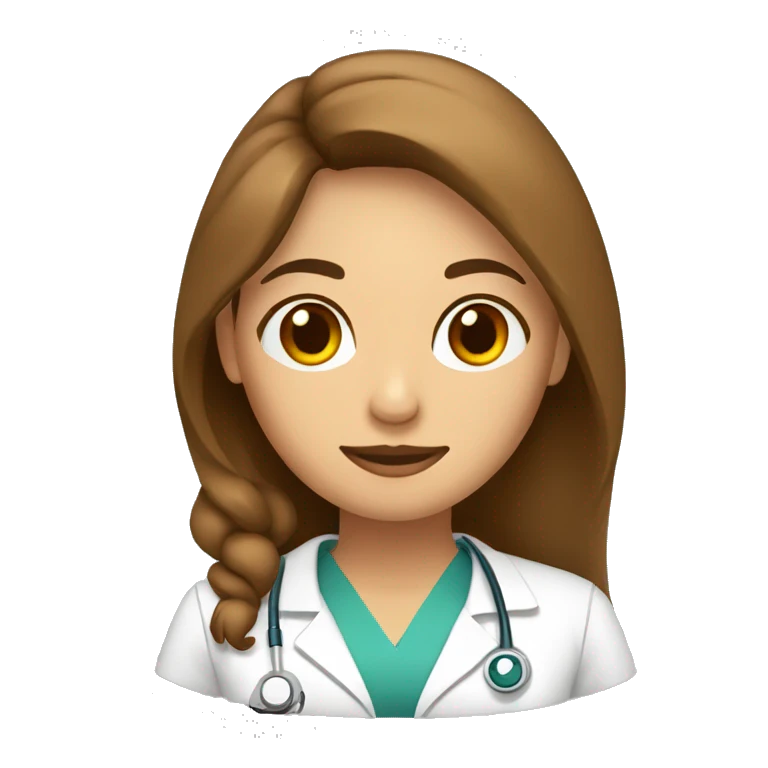 mujer medico de pelo marron y largo. Con ojos marrones. emoji