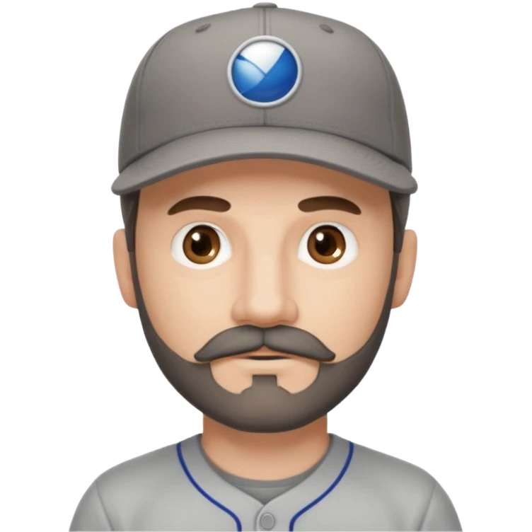 white male with dark brown goatee beard and moustache with grey tones wearing a grey baseball cap back to front with hazel eyes emoji