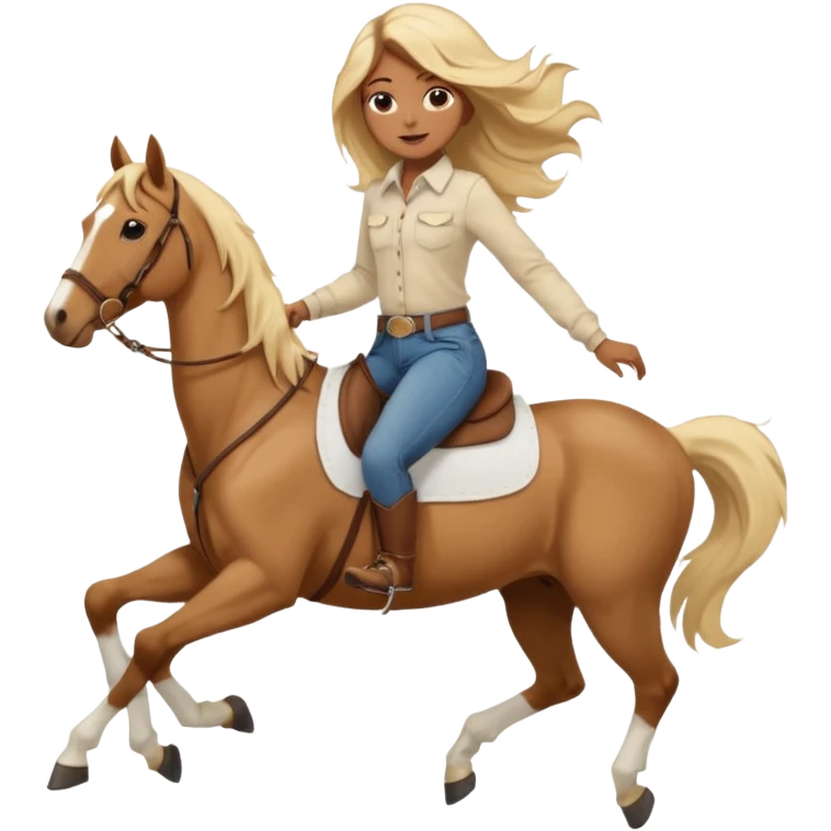 Brown girl with very long blonde/gold hair that’s blowing in the wind wearing a cream colored collared long sleeve shirt and jeans with brown boots on top of a brown horse with 4 legs emoji