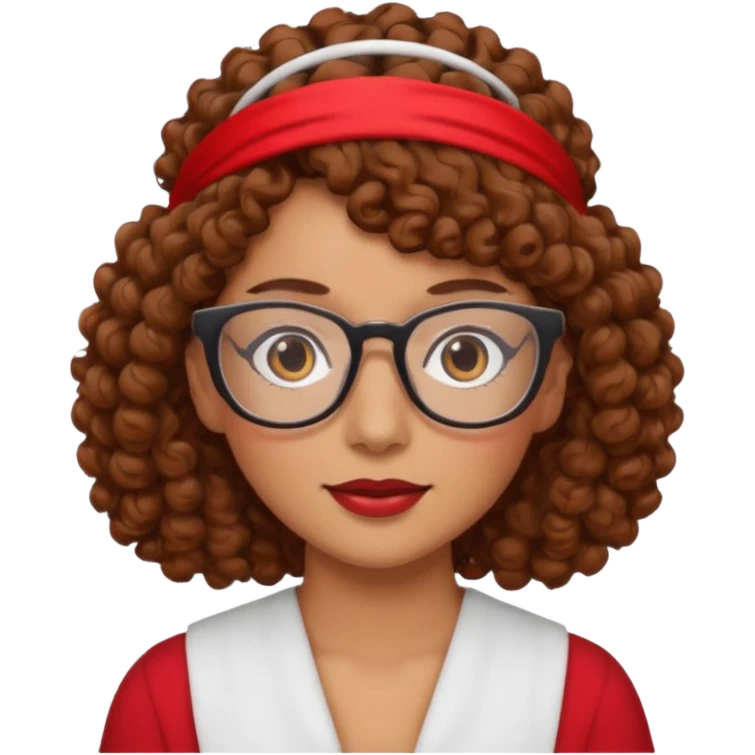 Mujer de piel canela, pelo marron y rizado, lentes y una cinta roja en la frente  emoji