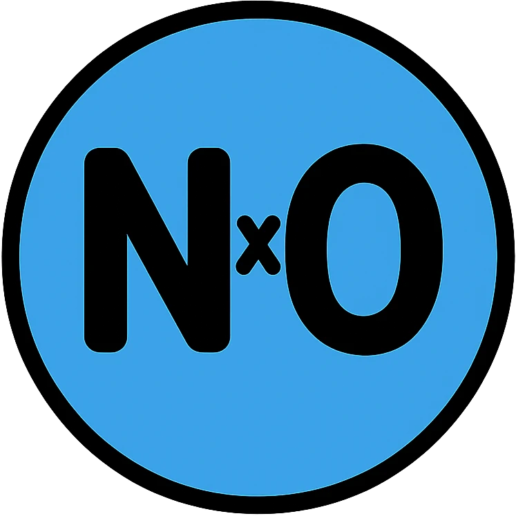 NxO text written in the center of a big round circle with blue background, icon style emoji