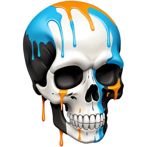 smooth black skull with street art colors and brand logos painted within the skull's surface, minimal paint drips that don't extend past skull outline, angled view emoji