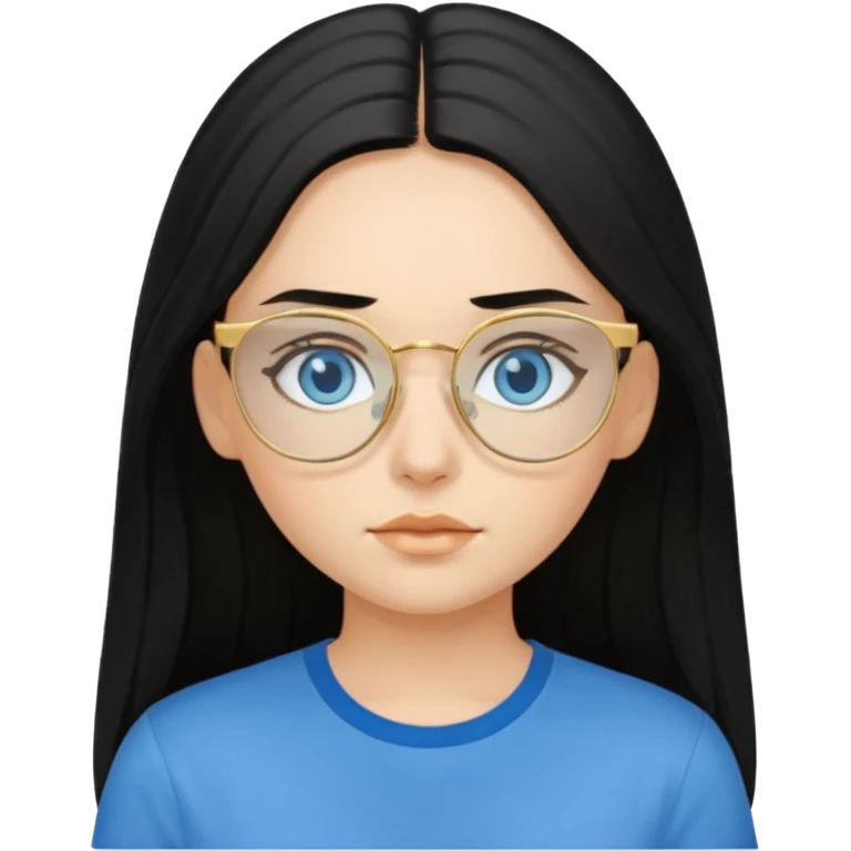 a black haired girl with blue eyes and glasses with blue shirt and long hair and gold glasses emoji