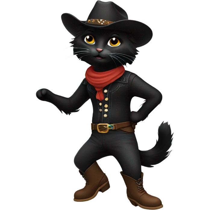 A black cat with long fur dancing in cowboy boots emoji
