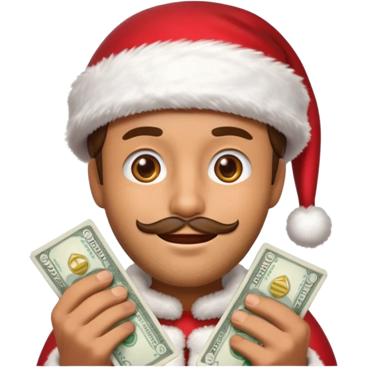 A confident rich emoji face wearing a Santa hat, money stacks, casino vibe, New Year theme, premium 3D emoji style, sharp details, no text, isolated on transparent background emoji