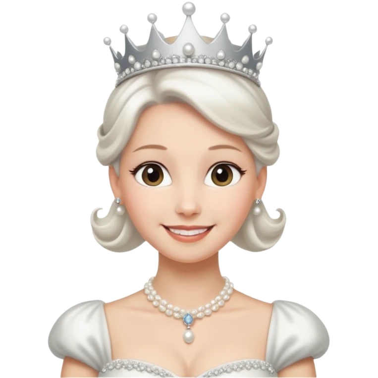 Queen with white bun hair – silver tiara, pearl necklace, elegant gown emoji