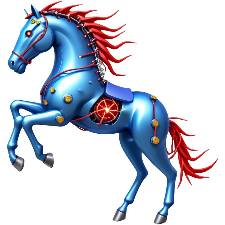 Fast running electric horse made of electricity, metal plates, bolts, blue and red wires, with lightning emanating from its body emoji