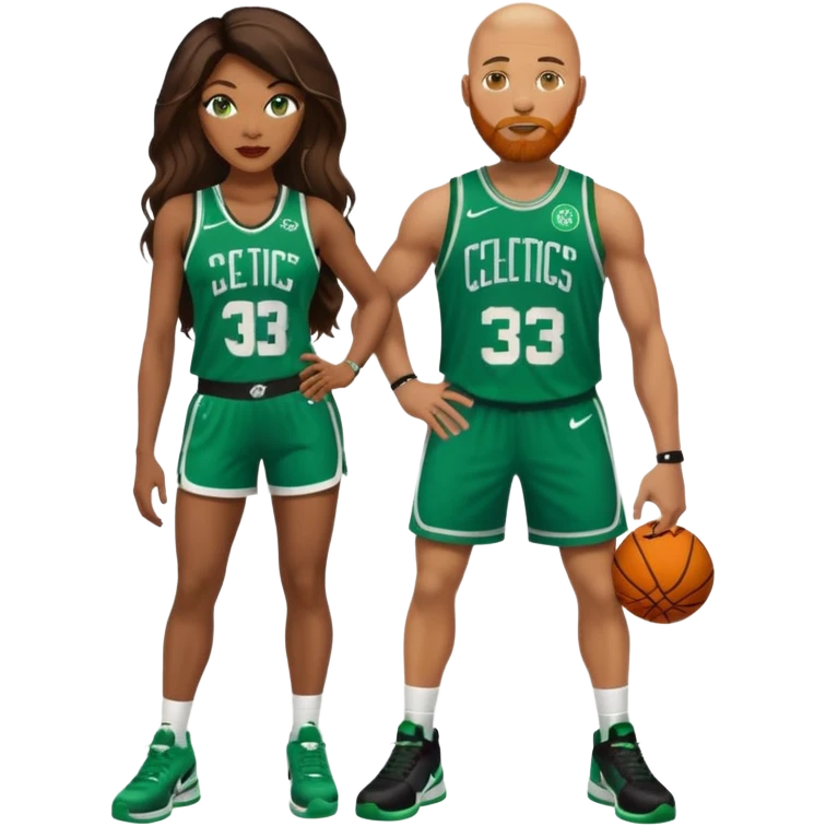 48-year-old black woman with brown eyes, long dark brown balayage hair dressed in sexy 
celtics jersey costume outfit & stilettos with bald white man with ginger beard, and blue eyes, wearing a Jason Tatum Boston Celtics Jersey, matching Nike sneakers  emoji