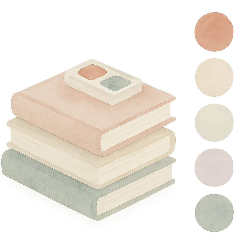 designer education theme, color palette and stack of books, watercolor art style emoji
