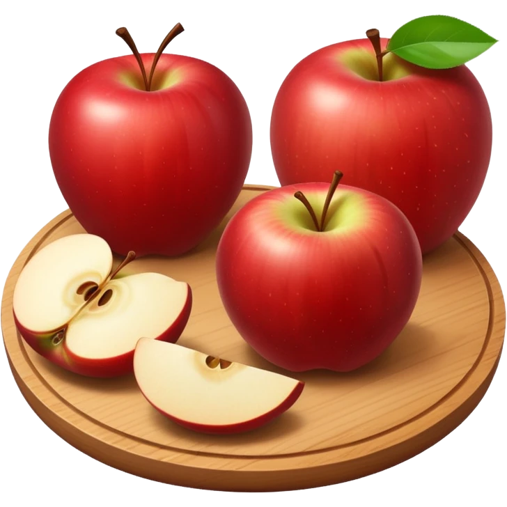 A round wooden board with a whole apple and several slices on it emoji