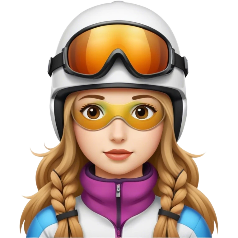 Skiing girl with long hazel hair, ski helmet, ski goggles , ski and ski boots emoji