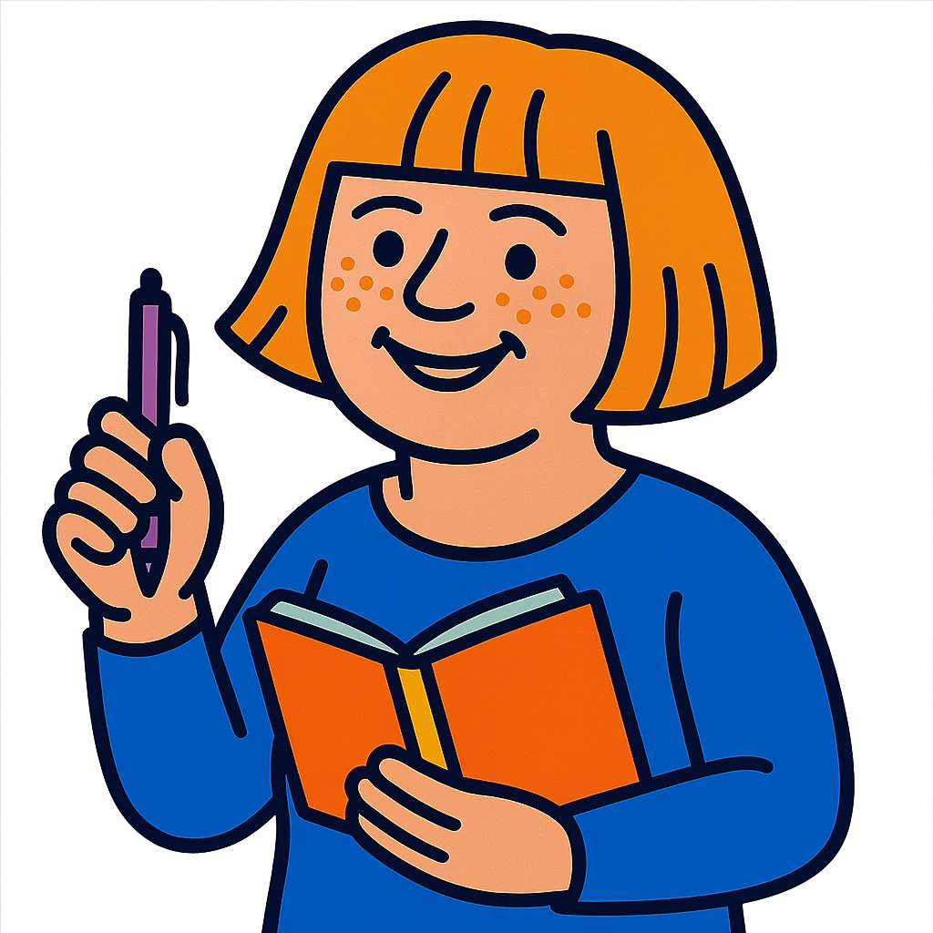 light-skinned woman in her 40s with strawberry blonde page haircut, round face, freckles, smiling, holding a pen and notebook emoji