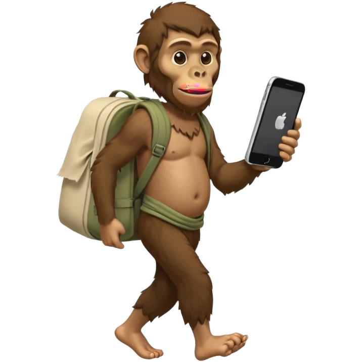 Draw an Australopithecus walking like a nomad, carrying a cloth bundle on its back, holding an iPhone in one hand and an open laptop with the screen visible in the other hand, in a cute flat iPhone emoji style. emoji