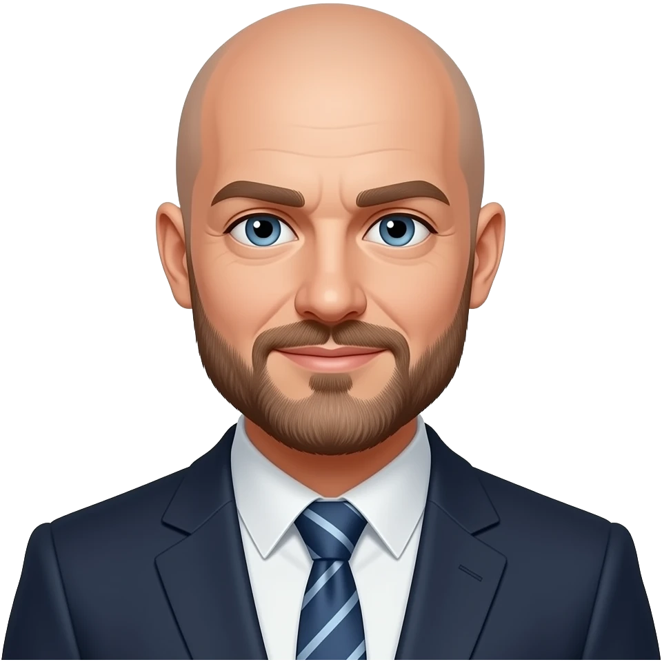 homme, chauve, barbe, yeux bleus, en costume emoji