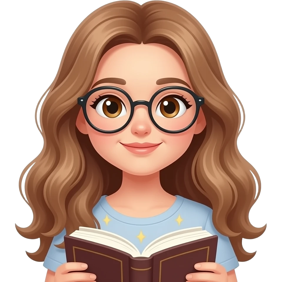 detailed emoji illustration of a curvy woman with long light brown wavy hair, light brown eyes and round glasses reading a book with dreamy thoughts or sparkles around her head, immersive reading vibe, cute emoji style emoji