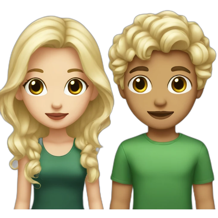 Blonde boy with brown eyes holding hands with Blonde girl green eyes wavy hair and tan skin big lips emoji
