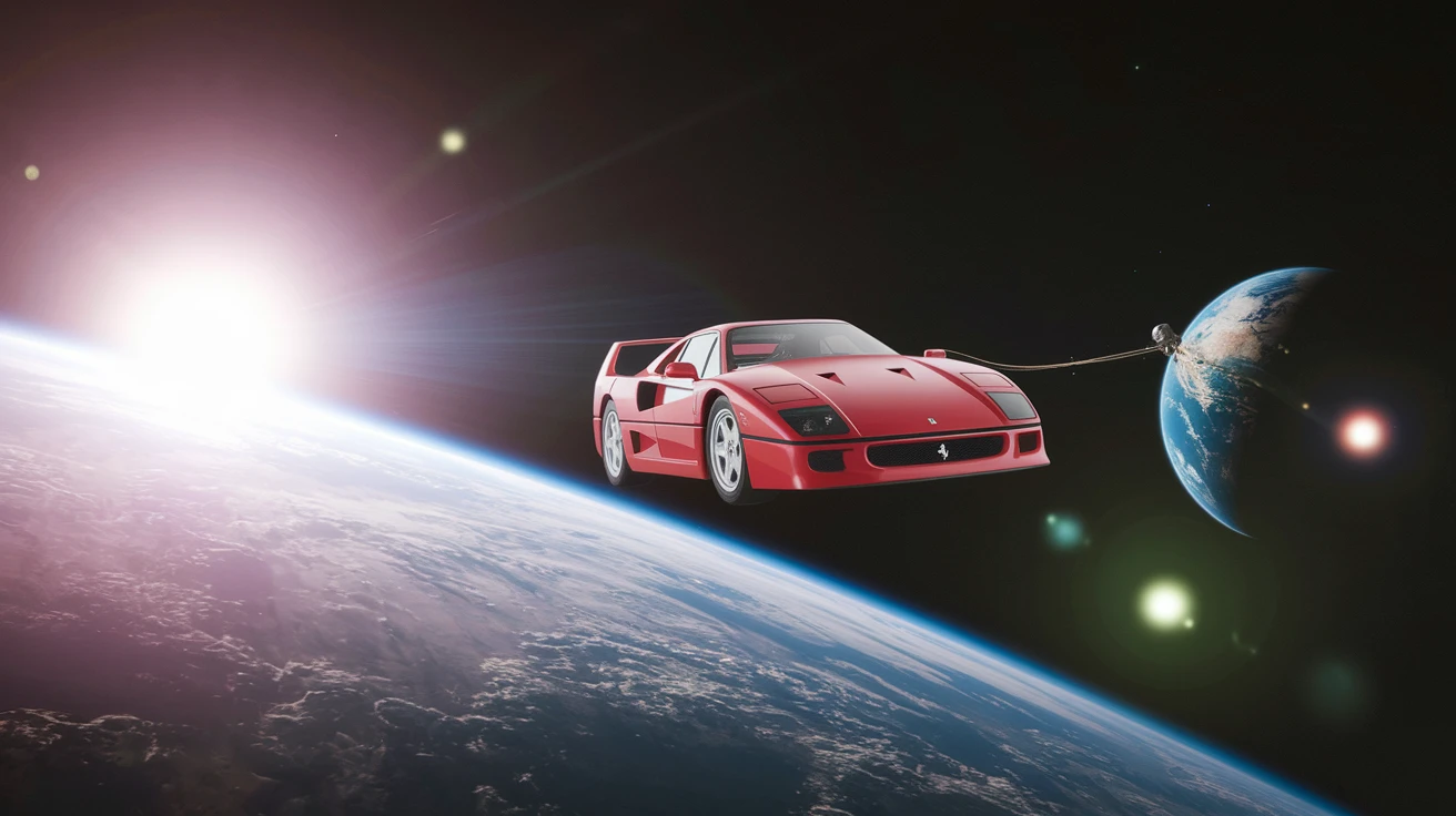 Cinematic still of a ferrari f40 floating in space, shot by space camera connect to spaceship, sun flare, big earth in background, captured by gopro emoji