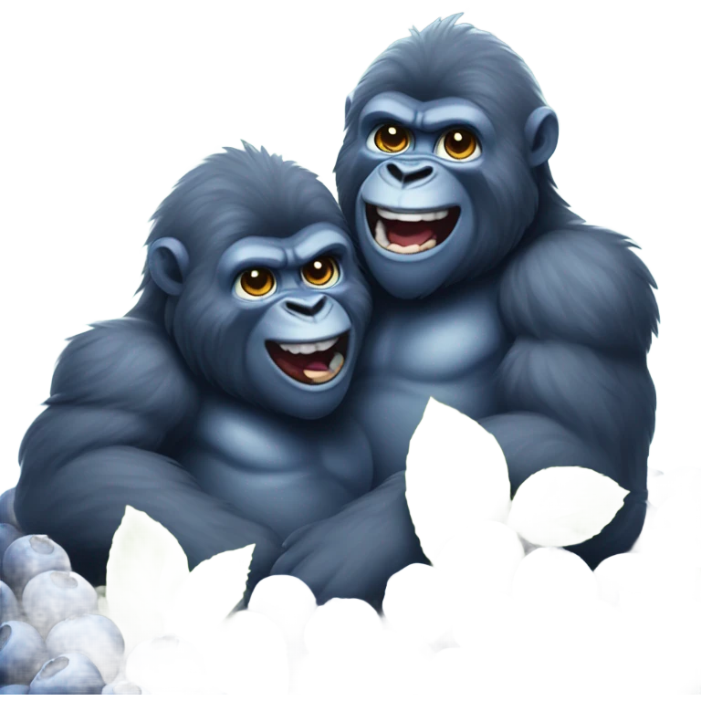 Two joyful blue fluffy gorilla brothers sitting in a mountain of blueberries  emoji