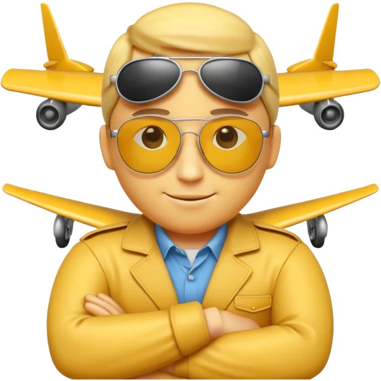 A 3D Apple-style yellow emoji character, classic round shape, wearing pilot-style sunglasses, arms crossed, small smile, a miniature airplane icon floating above its head, symbolizing “airplane mode,” clean cartoonish style, simple background. emoji