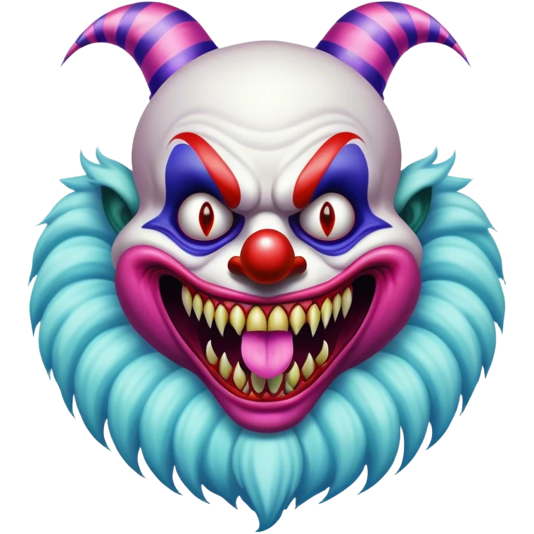 A colorful yet terrifying hybrid of a clown and a beast, with razor-sharp teeth and toxic cotton candy fur, venomous carnival beast emoji
