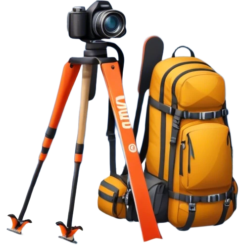  a snowy mountain peak in the landscape, with skis, a snowboard, an ice axe, a backpack and a camera. The icon should capture the adventure and exploration of mountain landscapes. Transparent background. emoji