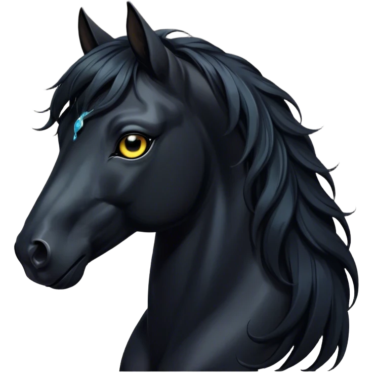 Cinematic Elegant Black Horse Portrait Emoji, Head held high with a serene, powerful gaze, showcasing a magnificent jet-black fur with a radiant, glossy finish, a flowing mane and tail, and piercing dark eyes exuding beauty and strength, Simplified yet majestically refined features, highly detailed, glowing with a soft, ethereal light, high shine, poised and breathtaking, stylized with an air of pure elegance, capturing the essence of a stunning and graceful steed, so beautiful it feels like it could gallop out of the screen with effortless charm! emoji