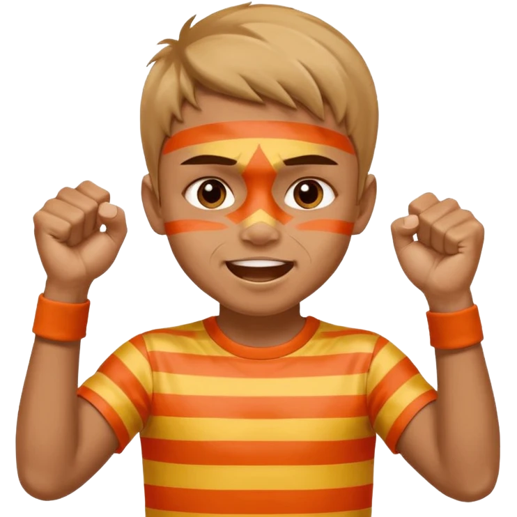 A boy with stripes face paint across his cheeks, raising his fists in excitement. emoji