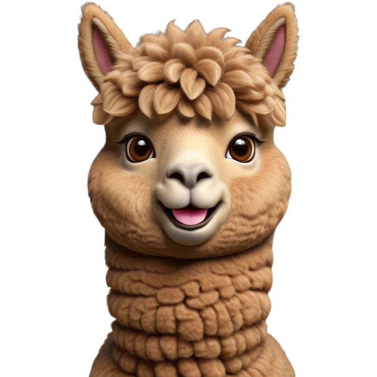 Cinematic Comical Brown Alpaca Portrait Emoji, Head tilted dramatically with an exaggeratedly amused expression, featuring a striking, plush brown fleece with playful texture, wide, expressive warm eyes filled with playful disbelief, Simplified yet hilariously expressive features, highly detailed, glowing with a slightly sassy glow, high shine, dramatic yet playful, stylized with an air of cheeky mischief, bright and endearing, soft glowing outline, capturing the essence of a spirited and over-the-top alpaca, so meme-worthy it feels like it could side-eye its way into internet fame instantly! emoji