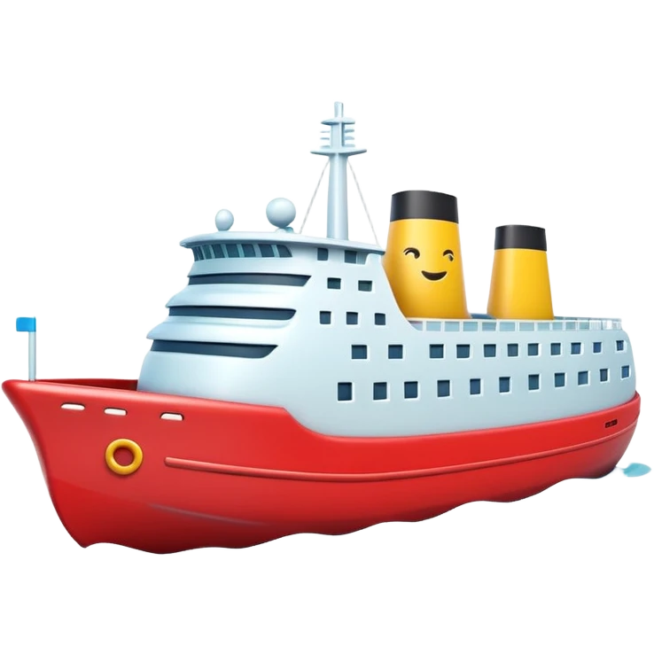 A 3D emoji of a ship in Apple style, glossy and smooth surface, bright clean colors with subtle shading, simple and minimal details, no face or expressions, floating on calm ocean, soft shadows, high-quality render, isolated on white background.


 emoji