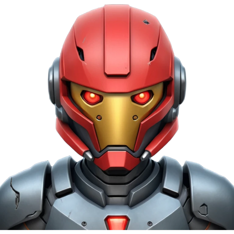 futuristic war robot portrait, head and shoulders only, aggressive design, sharp armor edges, glowing red eyes, battle-damaged helmet faceplate, heavy armor collar, intense dramatic lighting, sci-fi metal textures, 3D cartoon, mobile game icon style, clean background, no text, no watermark
 emoji