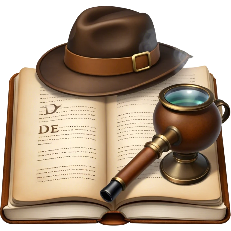 Icon for Detective Reading: an open book with text and a magnifying glass, a detective’s hat and a notebook with clues, surrounded by dark shadows and mysterious elements like footprints and a smoking pipe. Transparent background. emoji