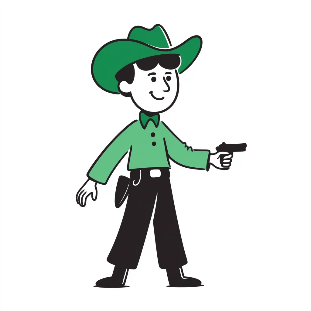 Hand-drawn cowboy character with green shirt, green pants, and matching green cowboy hat, western style emoji