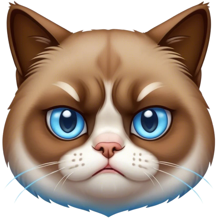 Cinematic Meme-Worthy Grumpy Cat meme Portrait Emoji, Head held high but eyes filled with dramatic disappointment, soft brown fur , white paws planted firmly in defiance, signature grumpy cat frown perfectly etched on its face, icy-blue eyes radiating pure disapproval, Simplified yet hilariously over-exaggerated features, highly detailed, glowing with an aura of supreme annoyance, high shine, exhausted yet judgmental, stylized with an almost regal pettiness, bright but brooding, soft glowing outline, capturing the essence of a feline that has seen it all and is thoroughly unimpressed, so meme-worthy it feels like it could instantly become the next viral sensation of grumpiness! emoji