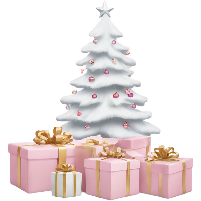 Light pink Christmas gifts under a white Christmas tree  emoji