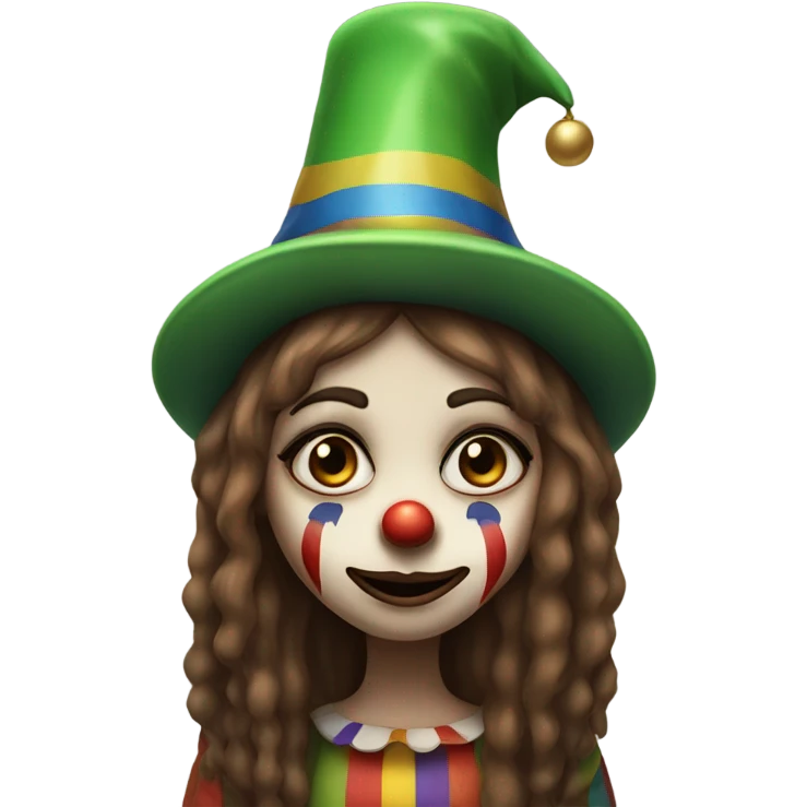 Sad clown girl with clown face paint wearing cap n bells cockcomb jester hat with long straight brown hair exaggerated expression on her face  emoji