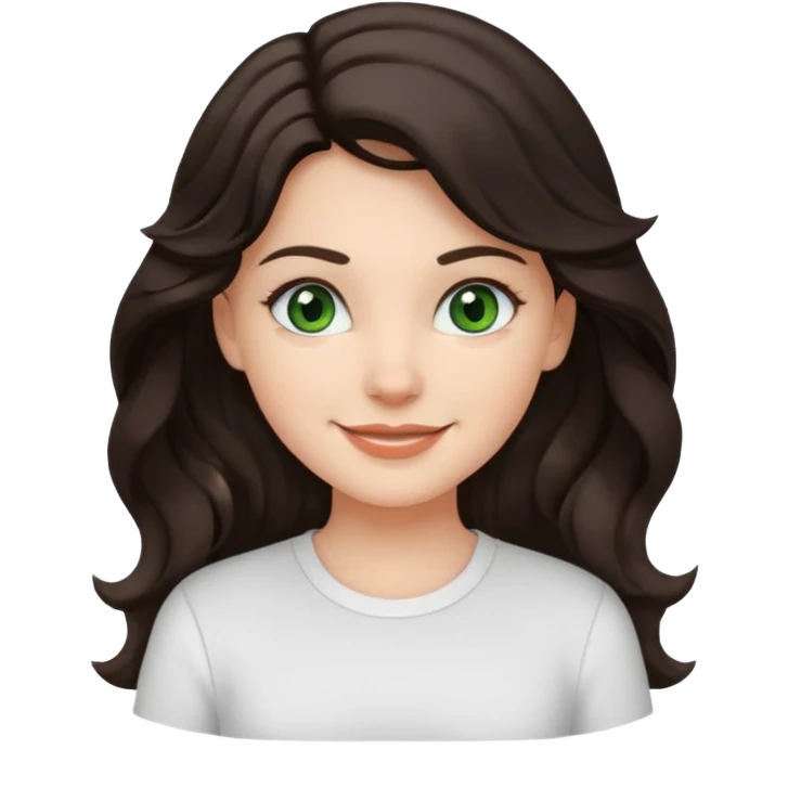 A White girl with wavy and dark hair, dark green eyes and a white shirt smiling emoji