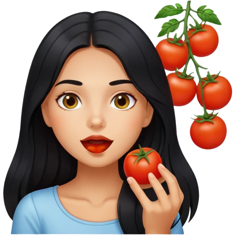 Pretty tanned girl with long black hair, eating tomatoes emoji