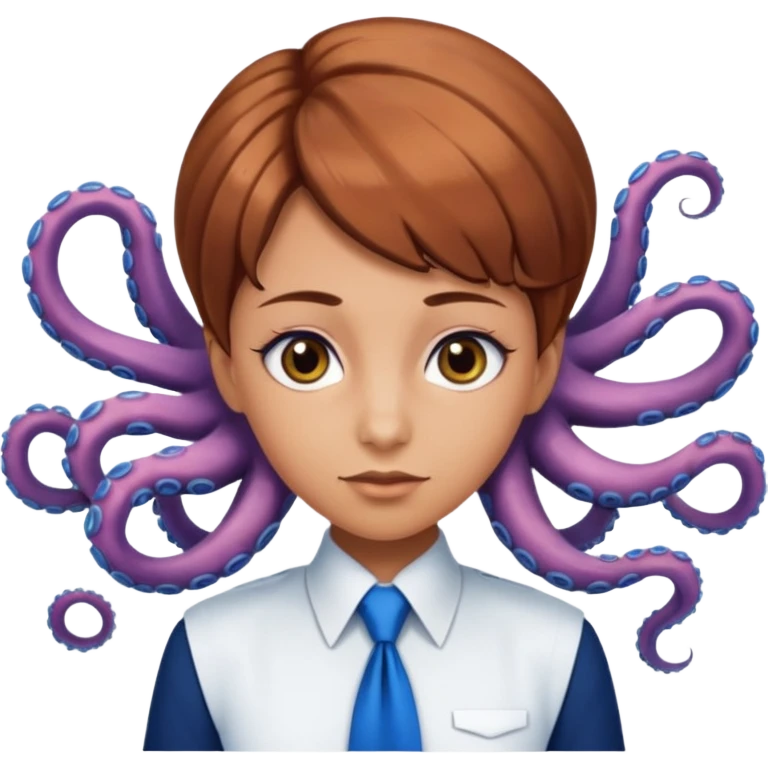 tanned, Doe hazel eyes, Octopus hair cut, White uniform top with blue tie, blue long skirt, Long lashes  emoji