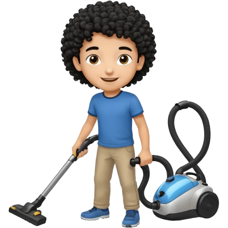 Emoji to encourage kids to do chores - should contain something about house chores, ok replace the broom with a vaccum make it atheltic boy 8 years old - egyptian with curly hair emoji
