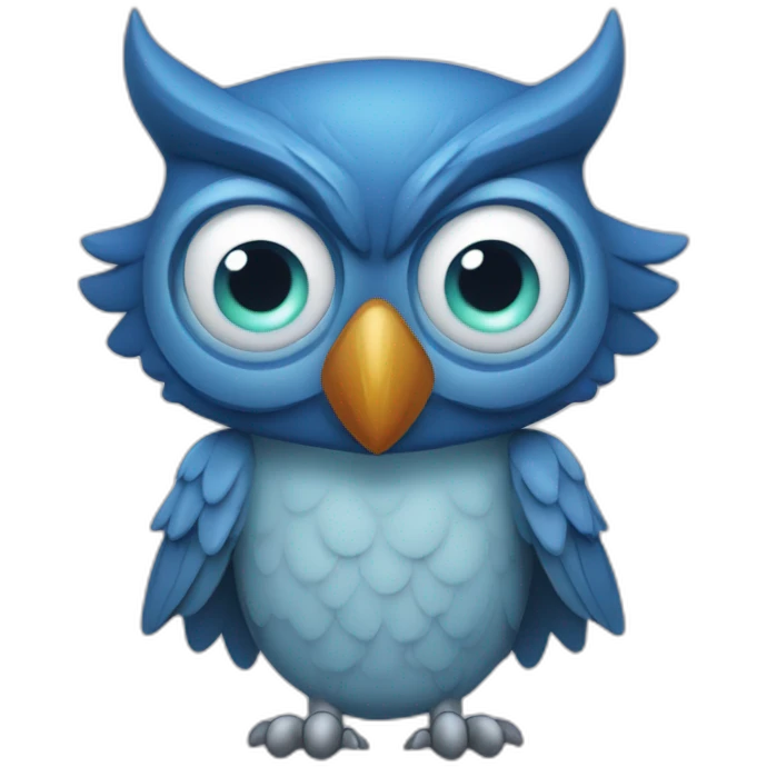 blue owl (hexa color 072a6b) with with devil horns, a wide grin, and eyes and eyebrows scrunched downward, looks angry, cartoon emoji